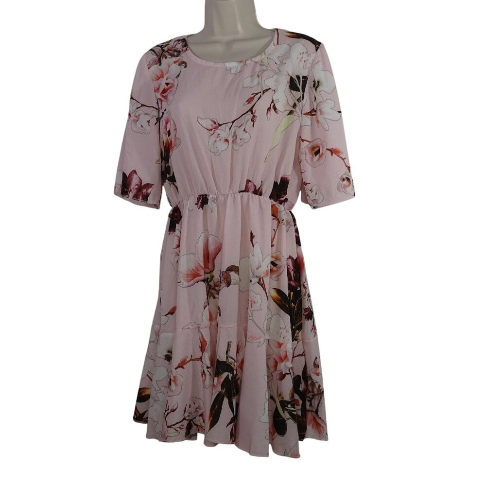 Boohoo Floral Crepe Smock Dress Women Size 12 Pink Tiered Short Sleeve NEW
